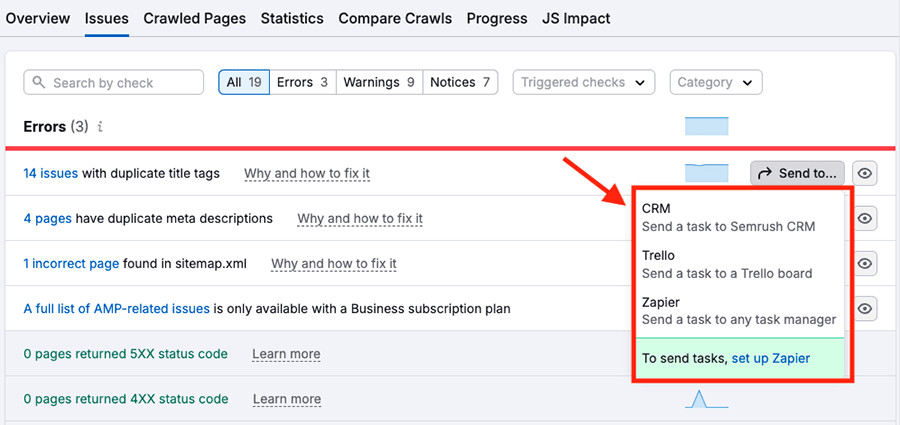 Carrying out a site audit in Semrush