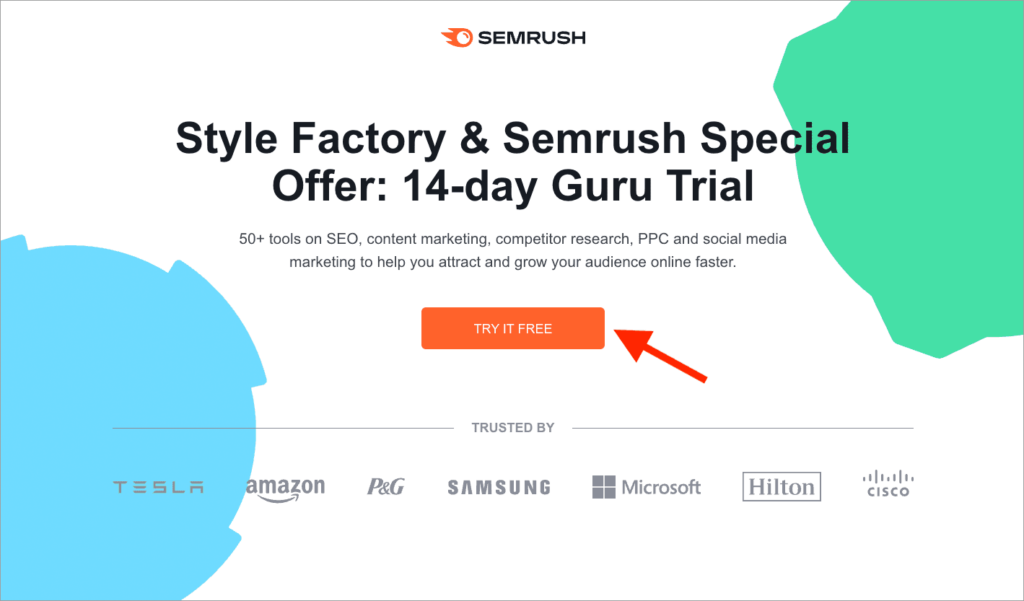 Page where you can get a free Semrush Guru account