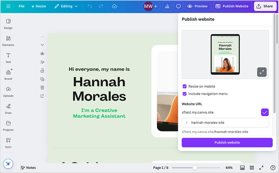 Publishing a Canva website to a free Canva domain