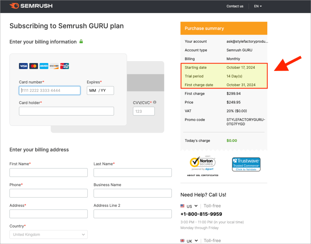 Entering payment details into Semrush