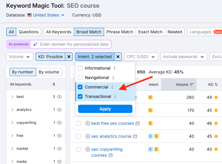 Using the keyword intent dropdown menu when filtering keyword suggestions in Semrush