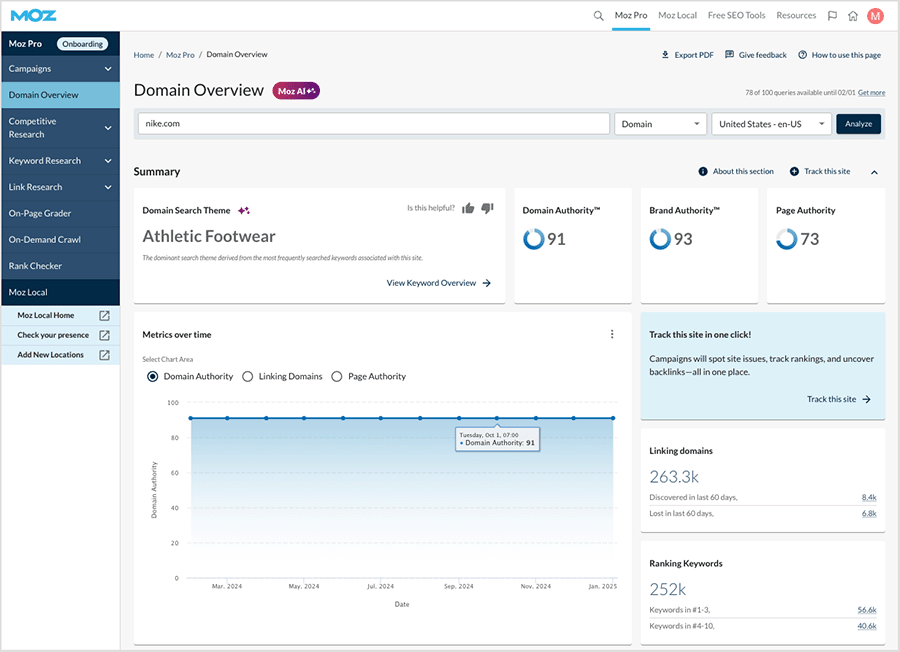 Accessing domain analytics data in Moz