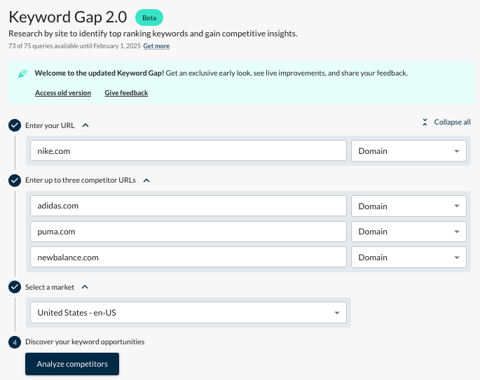 Performing keyword gap analysis in Moz