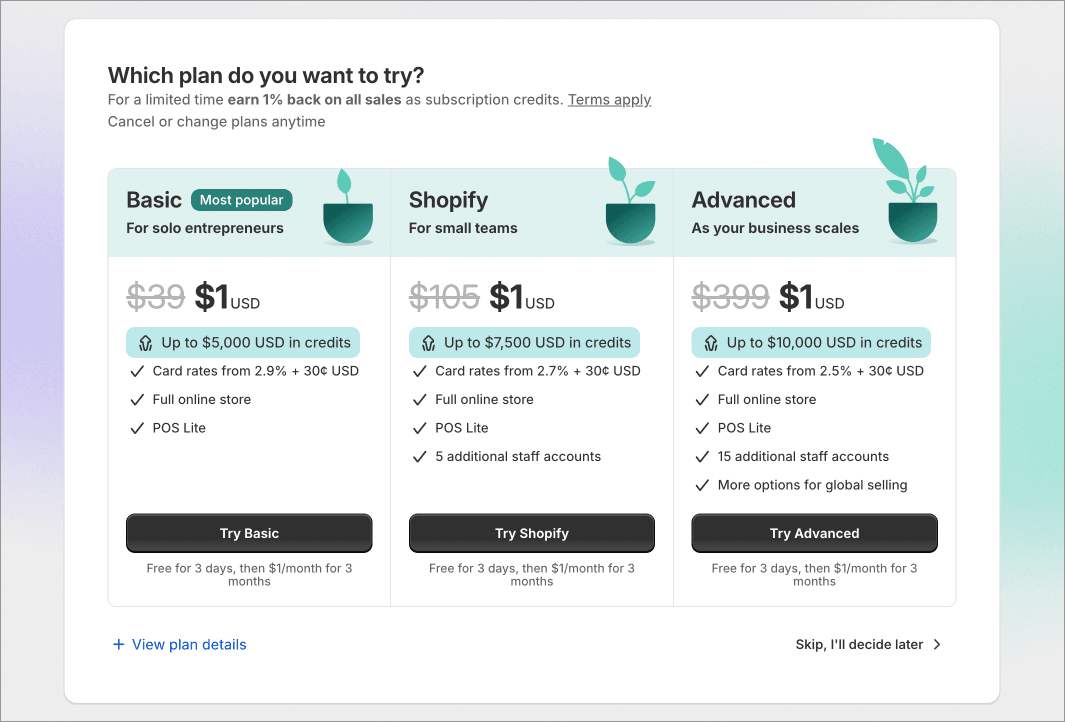 Plan selection during the trial onboarding process