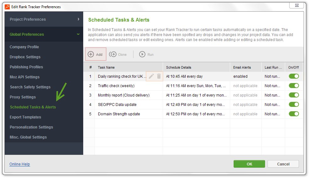 Scheduling ranking checks in SEO PowerSuite