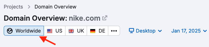 Viewing worldwide domain data in Semrush