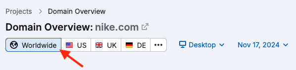 Viewing worldwide domain data in Semrush