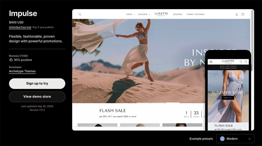 One of Shopify's most popular paid-for themes, 'Impulse'. This template costs $400 to use.