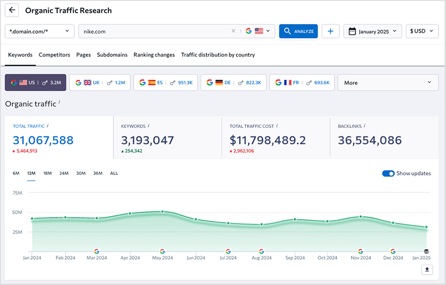 An SE Ranking traffic estimate graph