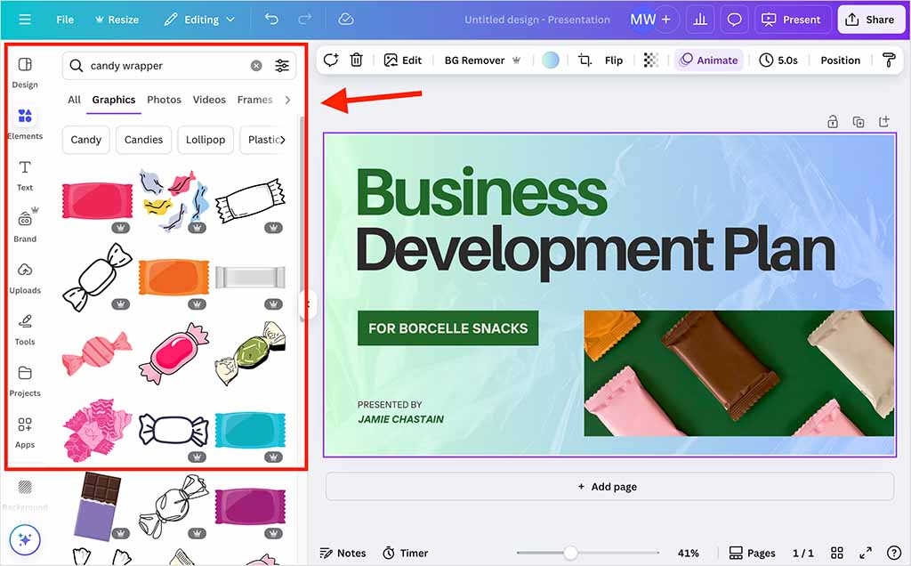 Canva's vertical menu is used for adding design elements