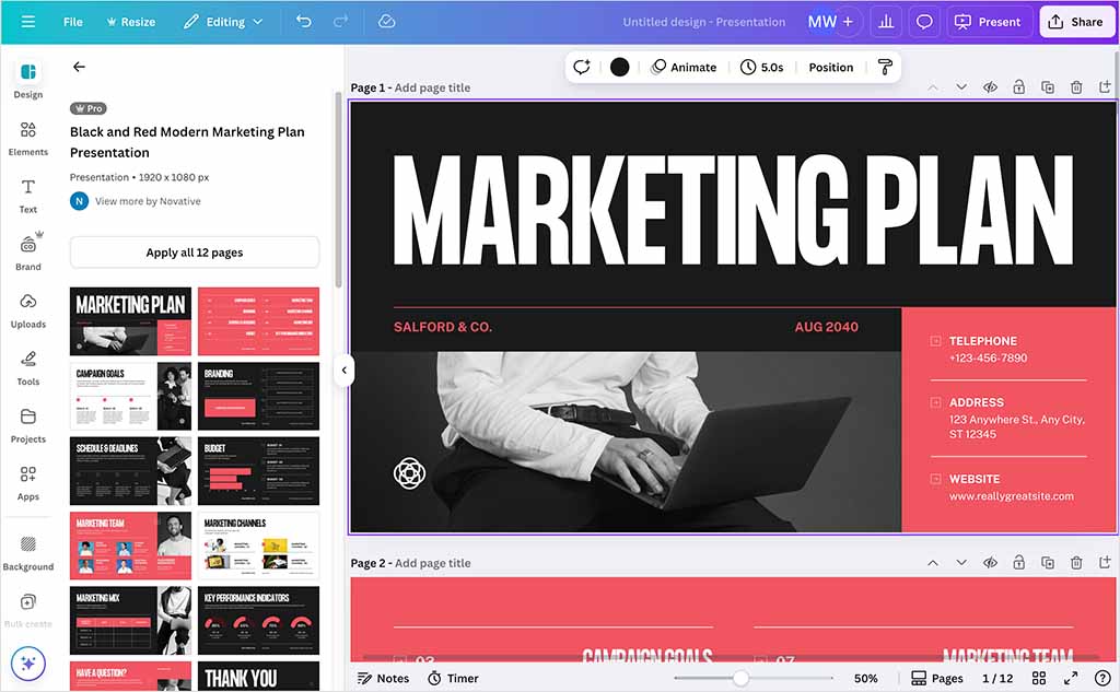 Slide layouts in a Canva business presentation template.