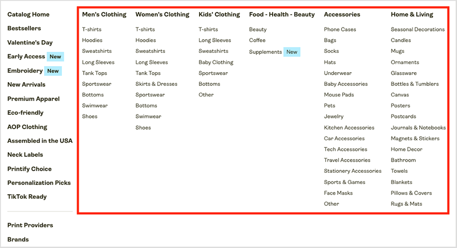 Printify's product categories.