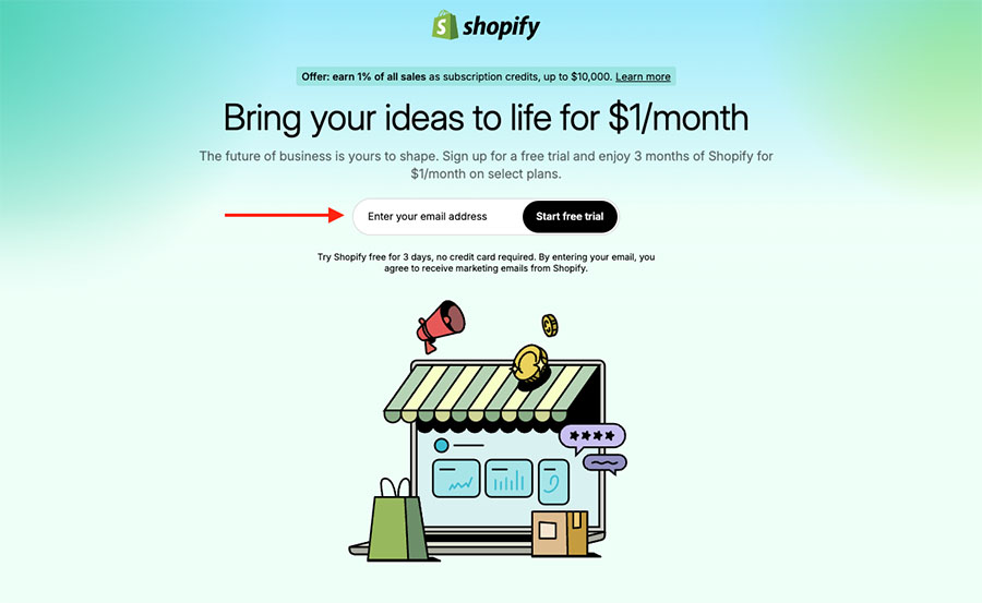 The Shopify free trial signup page