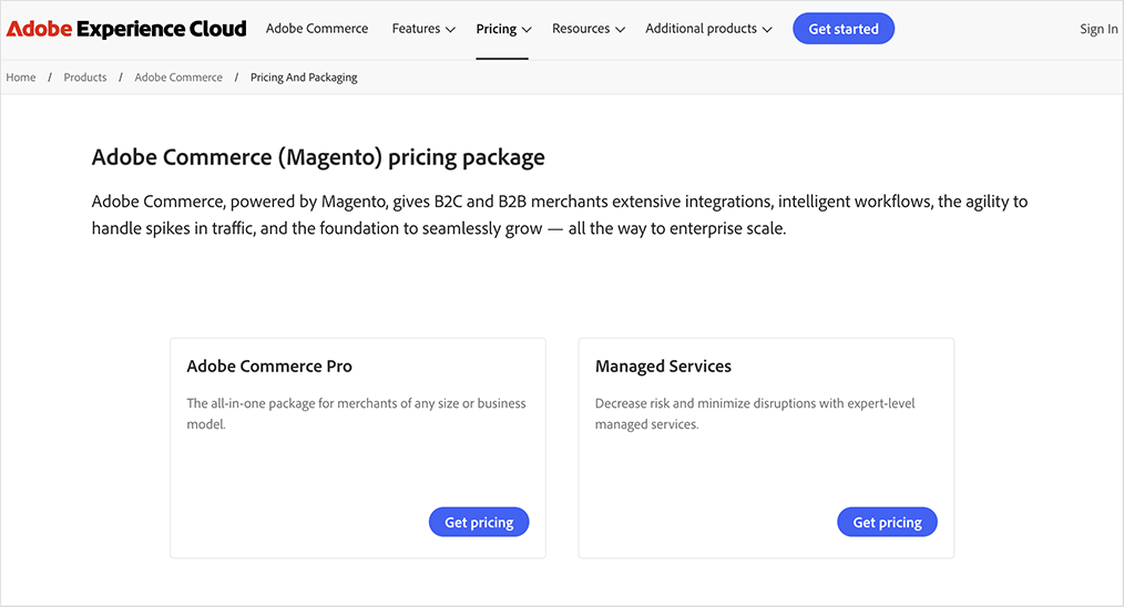 Adobe Commerce pricing page