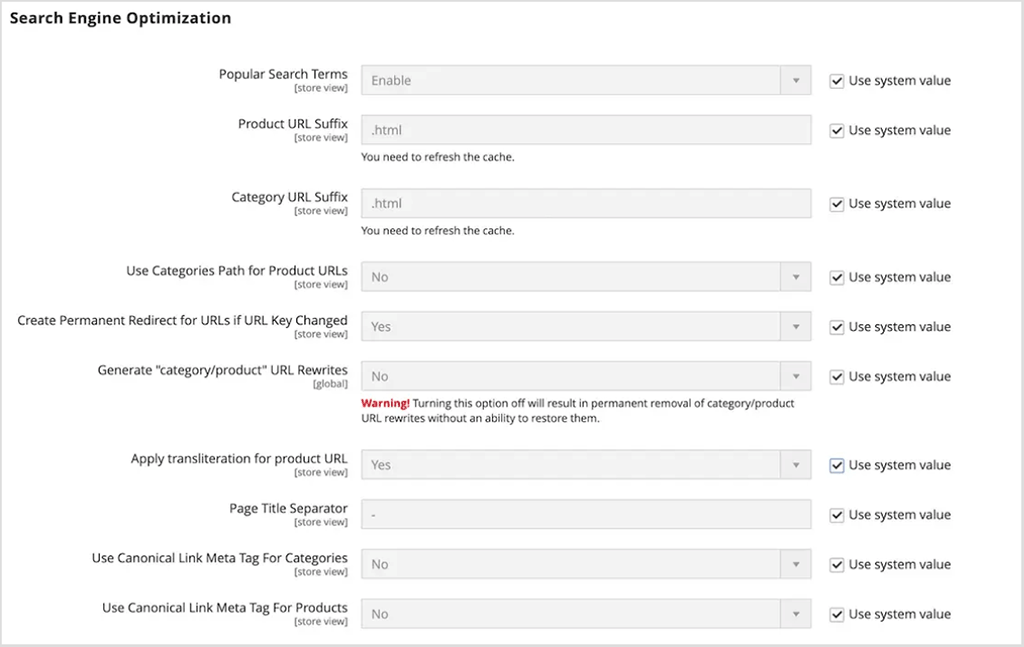 SEO settings in Adobe Commerce