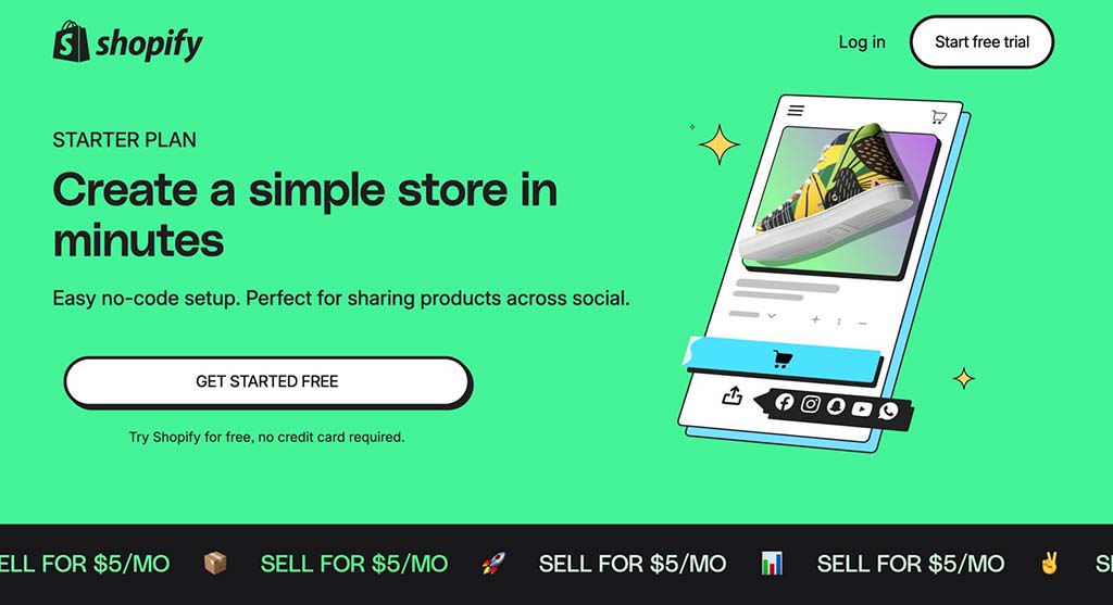 Shopify Starter plan home page